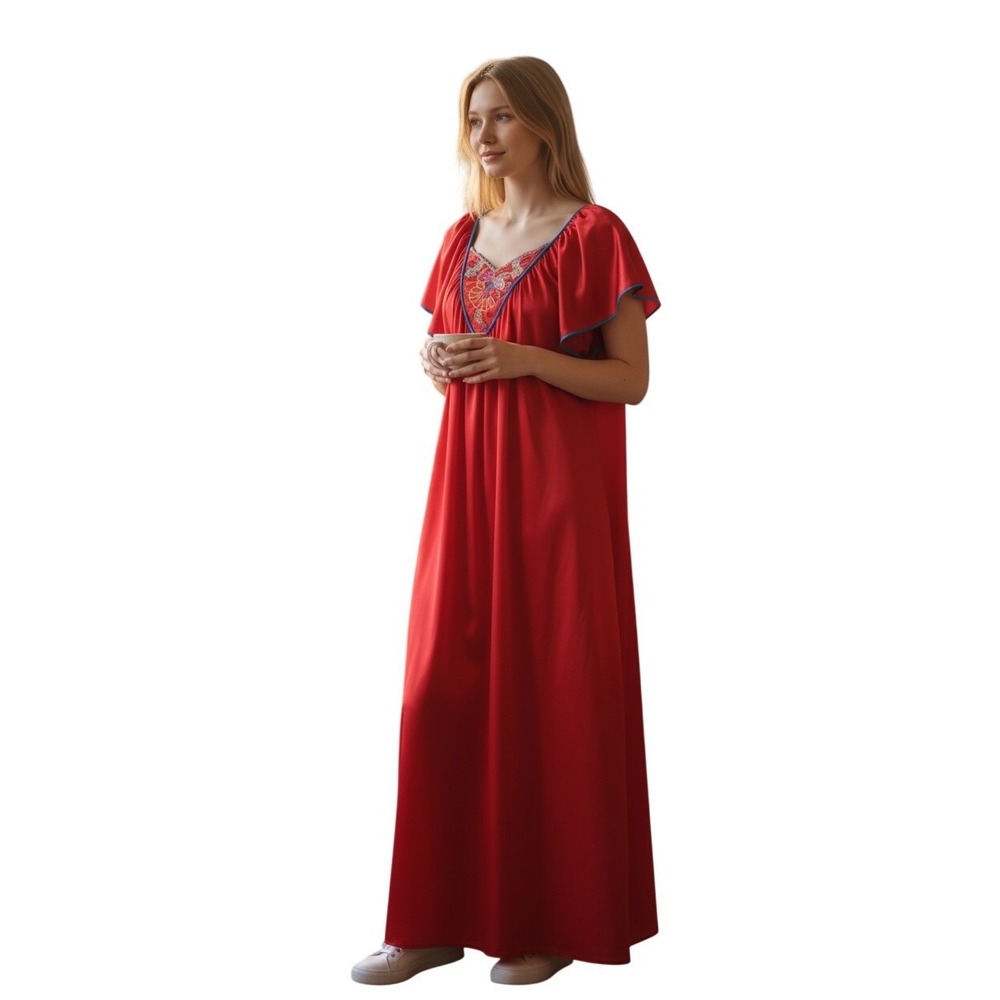 Vanity Fair Vintage Red Embroidered Nightgown Size M